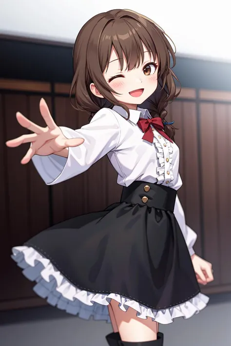 (best quality:1.4), amazing intricate, medieval europ, cute girl, dark brown hair, twin braids, dark brown eyes, round eyes, dropping eyes, small breasts,
closed eyes and smile, :d, arching her back, in the distant past,
looking at viewer,
from front,
portrait,
Ruffled frilled shirt half-tucked into a high-waisted A-line long skirt with heeled booties, Blurred background