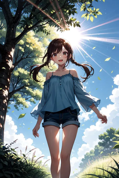 cute girl, dark brown hair, twin braids, dark brown eyes, round eyes, dropping eyes, small breasts
<lora:girllikeundertree:0.5> ((under tree)), :d, silhouette, white dress, off_shoulder cut and sew, spaghetti strap, denim shorts, floating hair, wind, grass, clouds, sunlight, blue sky, fallen leaves, bokeh, backlighting, flare fragments, tyndall effect, crepuscular rays,
