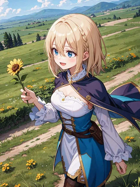 (Medieval European Fantasy:1.2), (best quality:1.4), amazing intricate, adventurer girl, solo, (looking away:1.3), :d,
(Wizard:1.2),
, medium breasts,
dark platinum blond hair,
medium hair, flipped hair,
(hair between eyes:1.2),
braided bangs,
,
,
,
,
from front, cowboy shot, from above,
walking, daytime,
(grassland :1.2)