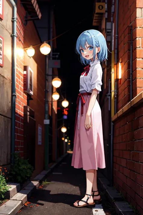 (best quality:1.4), amazing intricate, cute girl, round eyes, dropping eyes, small breasts,
:d, blue hair, standing, slouching, in a dimly lit alleyway,
looking at viewer,
medium hair, flipped hair,
,
(french braid:1.1),
(hairdressing:1.2),
,
,
,
from side, full body,
Oversized frilled shirt knotted at the front, worn with a flowy bohemian long skirt and sandals