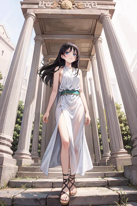 (beautiful:1.4) goddess, from front, black hair, long hair, straight hair, greek clothes, simple clothes, peplos, cross-laced sandals, Inside the temple <lora:GreekClothes:1>
