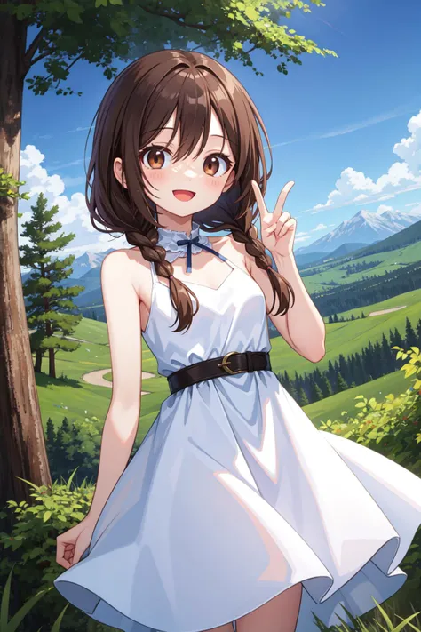 (best quality:1.4), amazing intricate, cute girl, dark brown eyes, round eyes, dropping eyes, happy, :d, small breasts,
dark brown hair, twin braids, white dress,
from front, cowboy shot, standing,
in the forest, mountain in the distance, sky