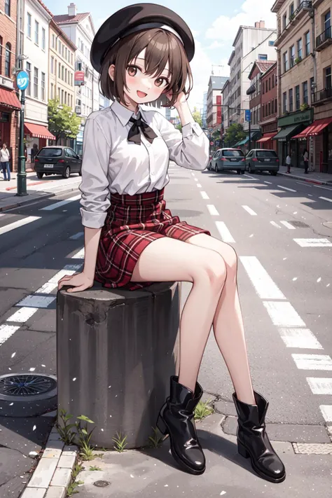 cute girl, round eyes, dropping eyes, small breasts,
:d, brown hair, leaning back, in the middle of an empty street,
looking at viewer,
medium hair, bob cut,
(single hair intake:1.2),
,
(hand in own hair:1.2),
,
,
,
from front,
full body,
Plaid collared shirt tucked into a velvet flared skirt, styled with a beret hat and ankle boots.