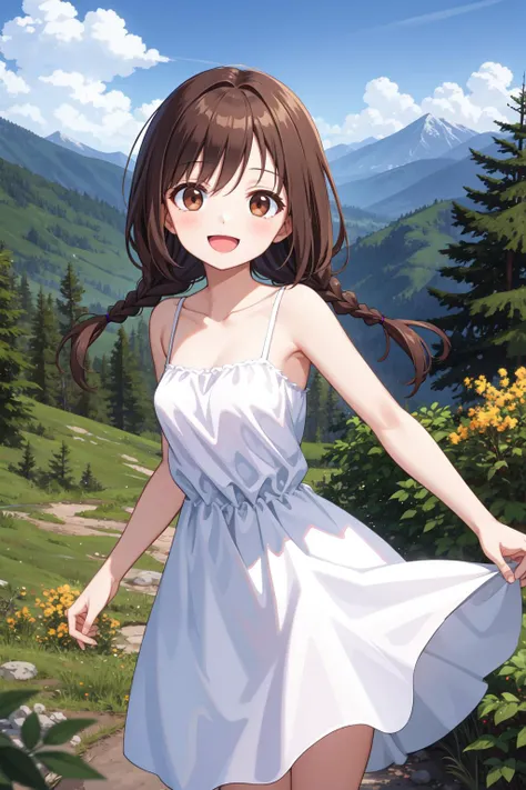 (best quality:1.4), amazing intricate, cute girl, dark brown eyes, round eyes, dropping eyes, happy, :d, small breasts,
dark brown hair, twin braids, white dress,
from front, cowboy shot, standing,
in the forest, mountain in the distance, sky