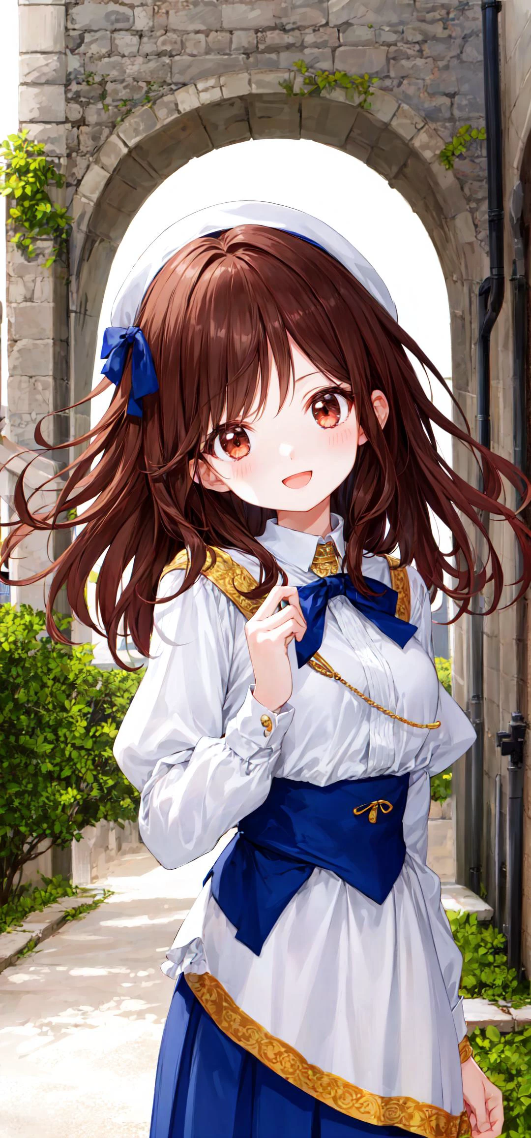 fantasy, cute girl, beautiful girl, beautiful face, round eyes, best quality, ultra detailed, layered skirt, middle length hair, :d, upper body, medieval town, low angle, dark brown hair