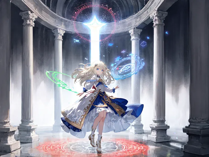 best quality, ultra detailed, magic_circle, 1girl, solo, platinum blond hair, long_hair, floating hair, roman_numeral,
woman standing on a circle of arrows in the middle of it, Epsylon Point, arcane, holography, from front, floating, Pillar of light rising from the magic circle, Floating in the air with arms outstretched