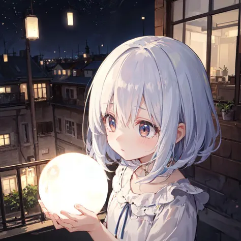 1 girl, ultra detailed, (ball of light:1.2), (place in the palm of one's hand:1.3), portrait, from above, from side, (face down, looking down, looking away:1.2), round eyes, (tears:0.8), night, loft, white dress