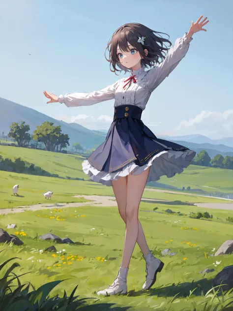 1 girl, best quality, ultra detailed, in the distance, dancing, grassland