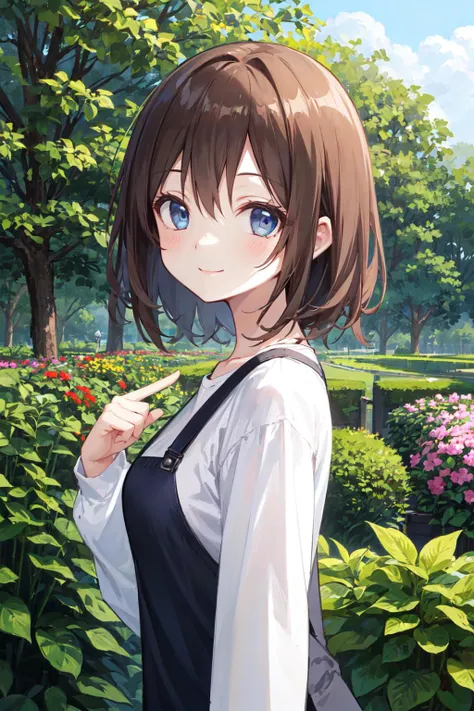 1 girl, best quality, ultra detailed, (minor:1.3), brown hair, medium hair, blue eyes, (happy, smile:1.4), medium breasts, 
from side, portrait, standing, 
white t-shirt, long sleeves, in a botanical garden