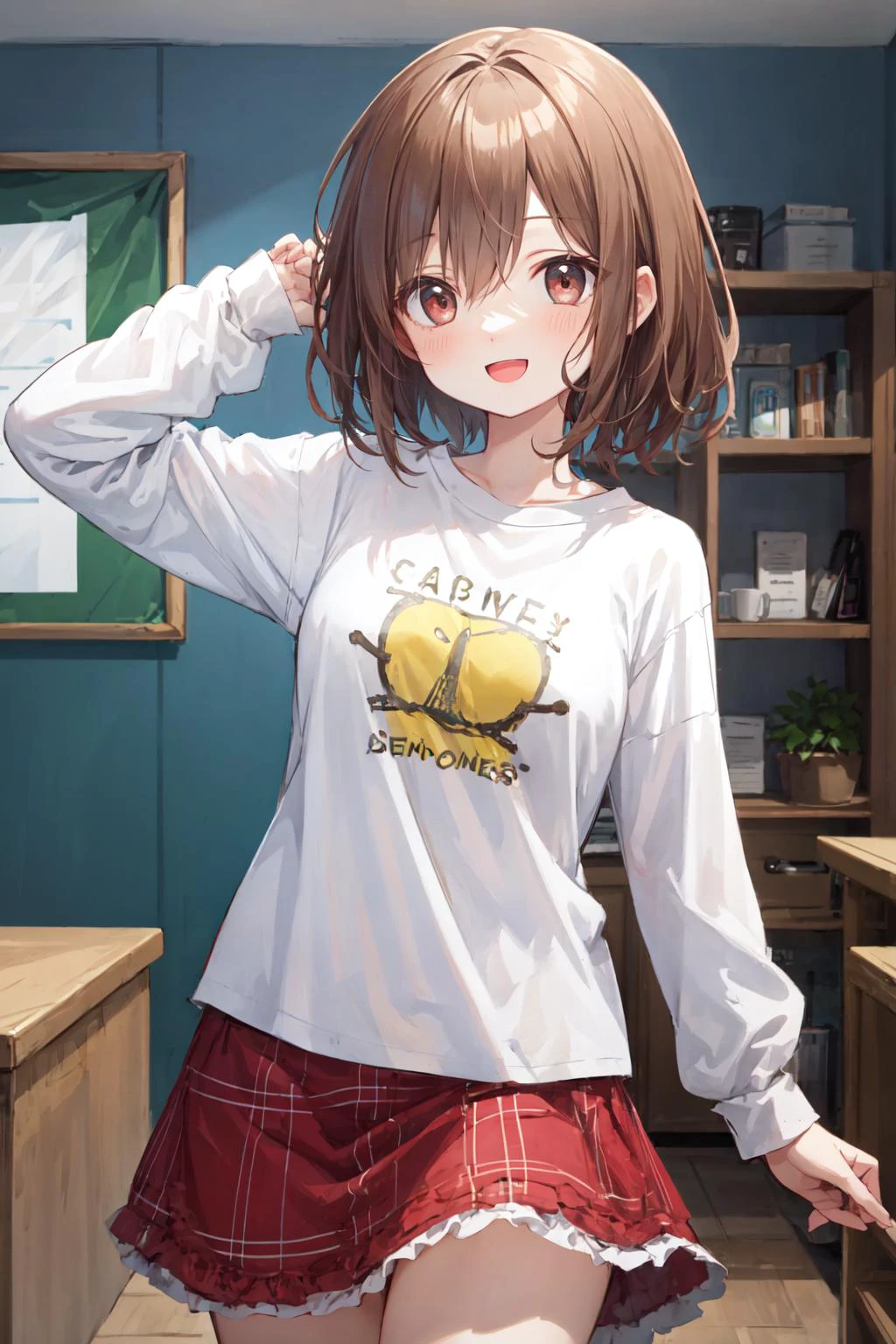1 girl, best quality, ultra detailed, (round eyes:1.3), (happy:1.4), :d,
medium breast,
brown hair,medium hair, straight hair,
from front, cowboy shot,
long sleeve t-shirt, long skirt, (fat:1.1),
in room <lora:flat2:-0.2>