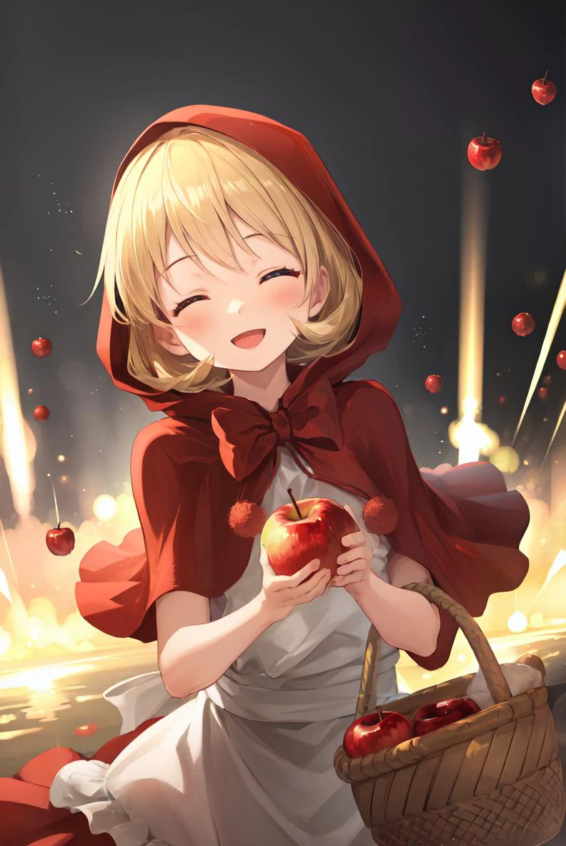<lyco:bbh:1>,
(masterpiece, best quality, ultra-detailed),
1girl, solo, blonde hair, short hair, blue eyes,
apron, red dress, capelet, red hood, skirt, red hood, bow, basket,
red apple,
(holding, incoming food),
sparkle, explosion,
smile, closed eyes, open mouth,
light particles,
looking at viewer, upper body, pov,