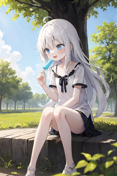 1 girl, solo, best quality, ultra detailed, minor, (happy:1.4), blue eyes, absurdly long hair, white hair, ahoge, happy, street, sunny, casual clothes, eating popsicle, pale skin, short sleeves, looking away, portrait, trees, sun rays, sun, sitting, straight hair, sweating, flat chest