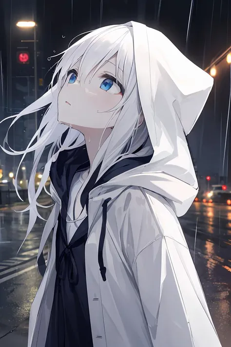 1 girl, solo, best quality, ultra detailed, minor, white hair, absurdly long hair, flat chest, straight hair, blue eyes, hooded raincoat, storm, rain, worried, looking up, pale skin, city, wet clothes, glowing lights, ray tracing, very long sleeves, hooded