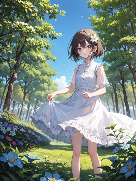 girl, white dress, forest, flower, blue sky