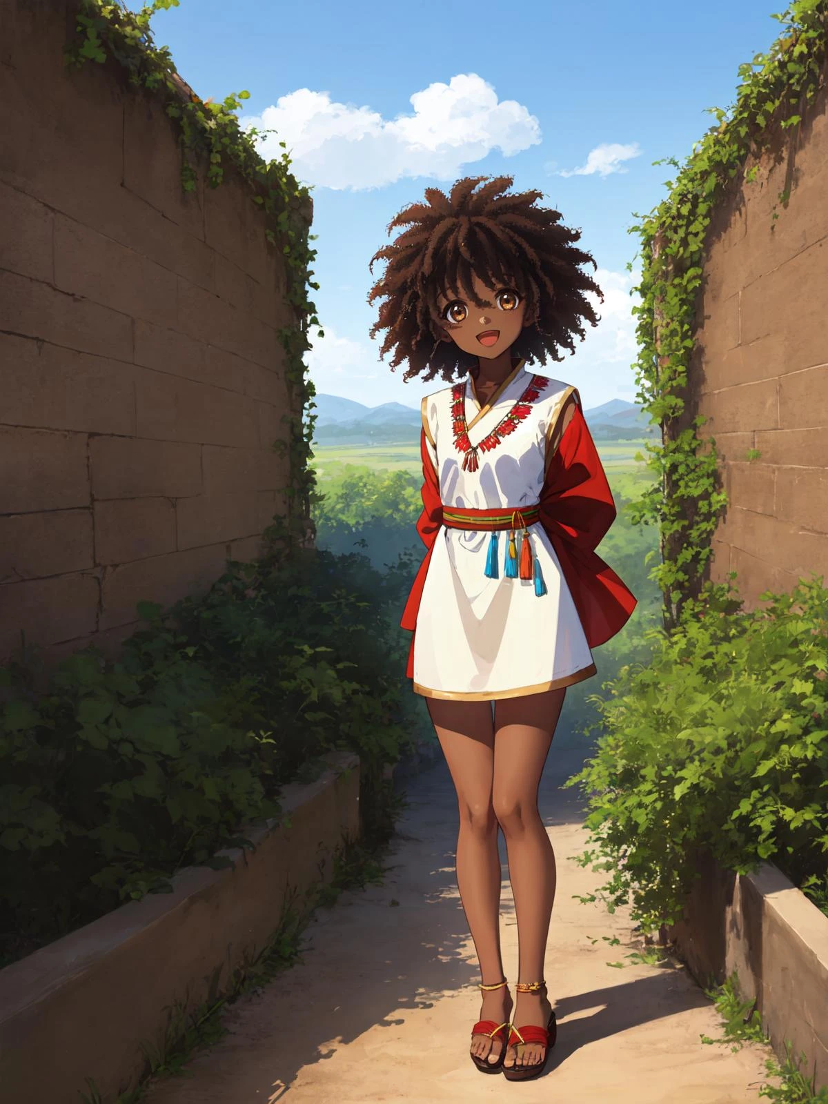 1 girl, best quality, amazing intricate, black hair, afro hair, dark brown eyes, (round eyes:1.3), happy, :D, upper tooth, medium breasts,
full body, standing, arms behind back, looking at viewer,
(beige dashiki:1.6), sandals, (dark skin:1.5),
arid region, sparse vegetation, sky <lora:kasshokuhada:0.5>