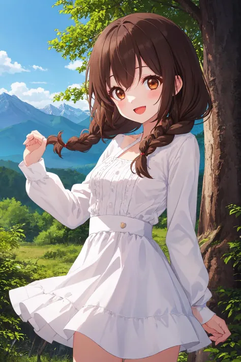 best quality, amazing intricate, cute girl, dark brown eyes, happy, :d, small breasts,
dark brown hair, twin braids, white dress,
from front, cowboy shot, standing,
in the forest, mountain in the distance, sky