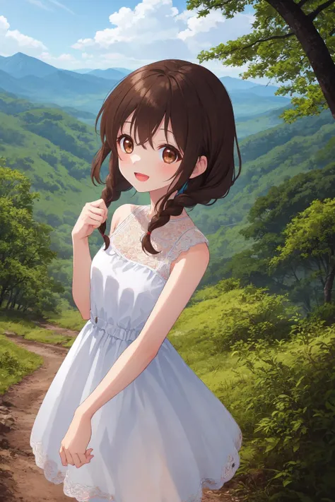 best quality, amazing intricate, cute girl, dark brown eyes, happy, :d, small breasts, 
dark brown hair, twin braids, white dress, 
from front, cowboy shot, standing, 
in the forest, mountain in the distance, sky