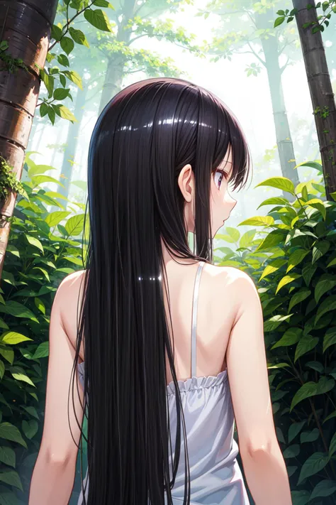 (best quality:1.4), amazing intricate, cute girl,
black hair, arms at her side, in forest,
(looking away:1.4),
(long hair, straight hair, shiny hair:1.5),
(from behind, upper body:1.4) <lora:hairdetailer:0.6>