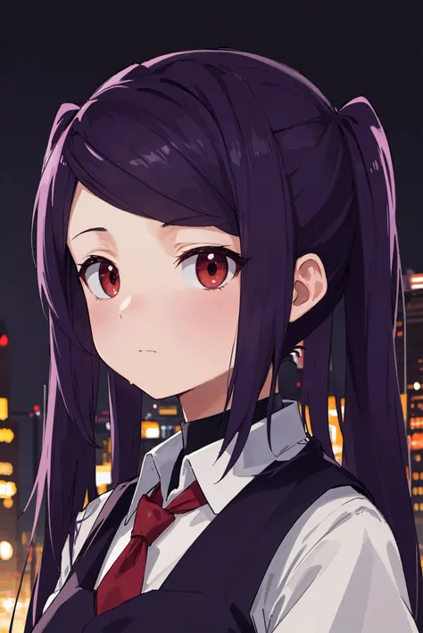 (masterpiece, best quality, glowing light, ultra detailed, detailed background, complex background, soft and warm color, still,bright, vivid,dreamy, evocative use of light and shadow, incredible beauty, anime style, vibrant, studio anime, beautiful, textural, ray tracing, absurdres, offical art, illustration), hayao miyazaki style, (perfect face, detailed face),1girl, aged_up, solo, upper-body, looking at viewer, defJill, expressionless, looking at viewer, twintails, turtleneck, collared shirt, long sleeves, red necktie, vest, <lora:jillstingray-nvwls-v1:1>, night, city, dark, emotionless, portrait, upper-body, rain, blur background,