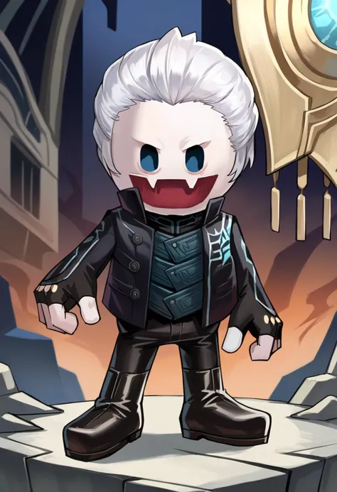 score_9, score_8_up, score_7_up, source_anime, BREAK, solo, <lora:Jack-Frost-Maker-pdxl_Fp:1>, jackfrostmaker, open mouth, creature, fang, full body, white skin, no humans, chibi, <lora:dmc5_vergil_ponyXL:1>, dmc5vergil, black coat, fingerless gloves, pants, white hair, looking to the side, boots, black pants