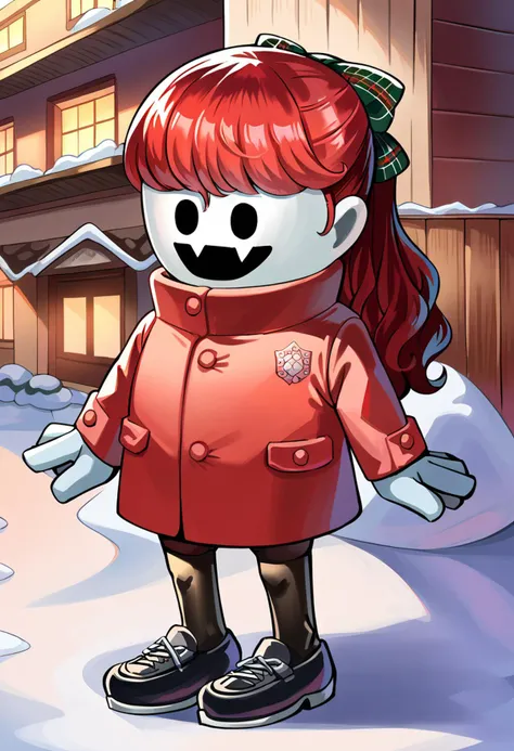 score_9, score_8_up, score_7_up, source_anime, BREAK solo, <lora:Jack-Frost-Maker-pdxl_Fp:1> jackfrostmaker, open mouth, creature, fang, full body, white skin, no humans, chibi, <lora:KasumiP5-pdxl:1> winSumi, long hair, ponytail, plaid hair bow, red winter jacket, buttons, black turtleneck, black pantyhose, black shoes, outdoors, snow