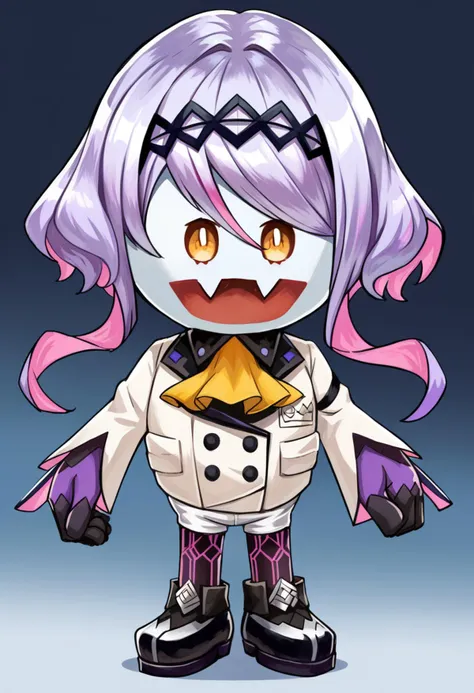 score_9, score_8_up, score_7_up, source_anime, BREAK solo, <lora:Jack-Frost-Maker-pdxl_Fp:1> jackfrostmaker, open mouth, creature, fang, full body, white skin, no humans, chibi, <lora:figue-sh2-richy-v1_pdxl:0.85> figue, yellow eyes, purple hair, multicolored hair, hairband, hair between eyes, sidelocks, yellow ascot, white coat, long sleeves, black shirt, half gloves, black gloves, white shorts, purple leggings