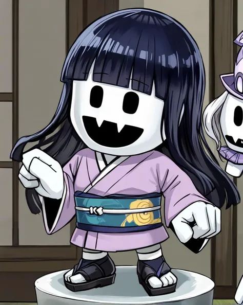 (Hyuuga Hinata), kimono, long hair, <lora:Jack-Frost-Maker-pdxl_Fp:1>jackfrostmaker, open mouth, creature, fang, full body, white skin, no humans, chibi