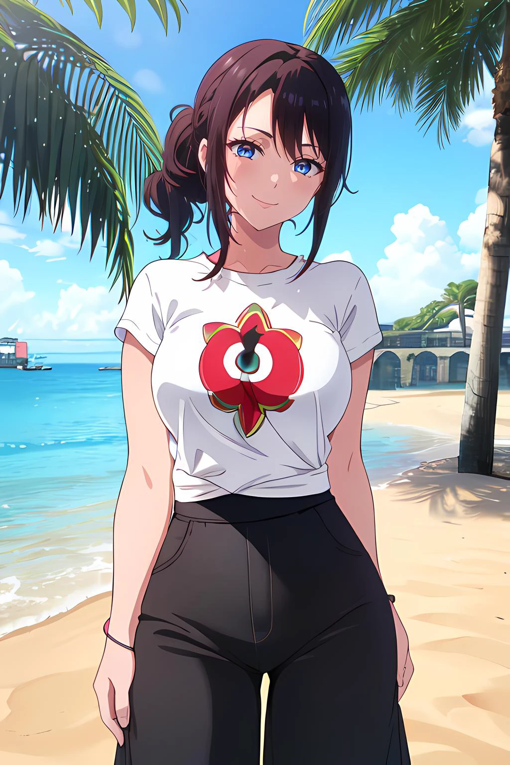 one girl, (short black hair, blue eyes), tanned body, red, black, white, green, yellow, pink, wearing edgPalazzo_pants, stylish print, knotted t-shirt, (at roma italia), sunny day, ultra-detailed human face, amazing fine detail, hd <lora:edgPalazzo_MINI:0.6>, <lora:xoaeriel:0.8> xoAeriel, posing, teasing, looking at viewver, smile
