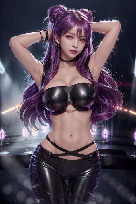 best quality, ultra high res, (photorealistic:1.4), 1girl, solo focus, purple eyes, lips, jewelry, earrings, makeup, bare shoulders, crop top, black crop top, collarbone, collar, shiny clothes, detached sleeves, crystals, gloves, elbow gloves, single fingerless glove, midriff, belt, pants, tight pants, high-waist pants, studio background, (Kpop idol), (aegyo sal:1), (pink hair:1), ((puffy eyes)), looking at viewer, facing front, smiling, laughing, Detailed stage background, <lora:koreanDollLikeness_v15:0.66>, <lora:kaisakdav2.2:0.8>