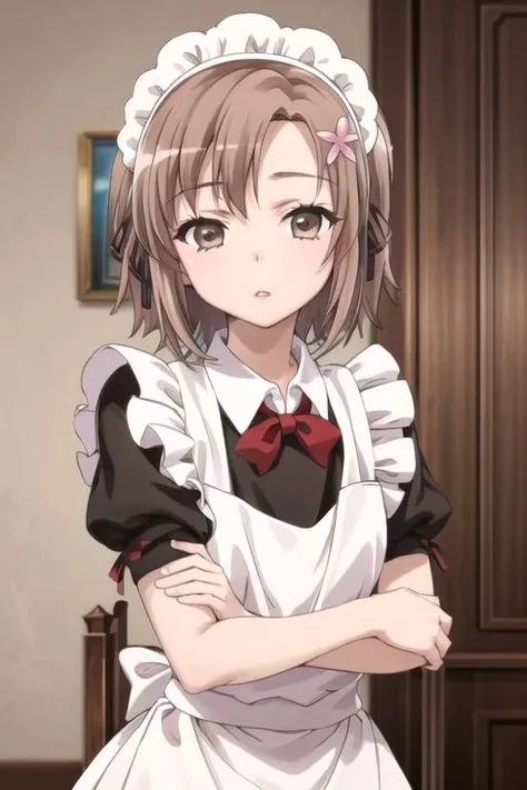 yukimurakusunoki, <lora:yukimura kusunoki s2-lora-nochekaiser:1>,
yukimura kusunoki, short hair, brown hair, hair ornament, ribbon, (brown eyes:1.3), hair ribbon, star \(symbol\), star hair ornament,
BREAK bow, pantyhose, apron, maid, maid headdress, white pantyhose,
BREAK indoors, classroom,
BREAK looking at viewer, (cowboy shot:1.5),
BREAK <lyco:GoodHands-beta2:1>, (masterpiece:1.2), best quality, high resolution, unity 8k wallpaper, (illustration:0.8), (beautiful detailed eyes:1.6), extremely detailed face, perfect lighting, extremely detailed CG, (perfect hands, perfect anatomy),