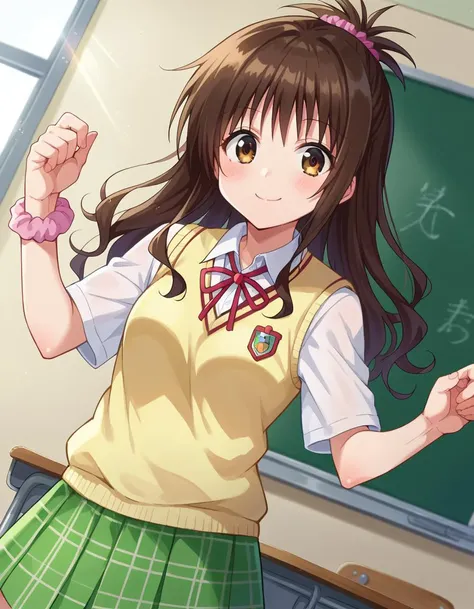 score_9, score_8_up, score_7_up, source_anime,
mikanyuuki, <lora:mikan-yuuki-ponyxl-lora-nochekaiser:1>,
mikan yuuki, brown eyes, brown hair, hair ornament, hair scrunchie, long hair, pink scrunchie, scrunchie, smile,
green skirt, plaid, plaid skirt, sainan high school uniform, school uniform, skirt, shirt, white shirt, sweater vest, yellow sweater vest,
indoors, classroom,
looking at viewer, cowboy shot, dutch angle, dynamic pose,