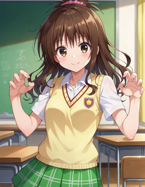 score_9, score_8_up, score_7_up, source_anime,
mikanyuuki, <lora:mikan-yuuki-ponyxl-lora-nochekaiser:1>,
mikan yuuki, brown eyes, brown hair, hair ornament, hair scrunchie, long hair, pink scrunchie, scrunchie, smile,
green skirt, plaid, plaid skirt, sainan high school uniform, school uniform, skirt, shirt, white shirt, sweater vest, yellow sweater vest,
indoors, classroom,
looking at viewer, cowboy shot, dutch angle, dynamic pose,