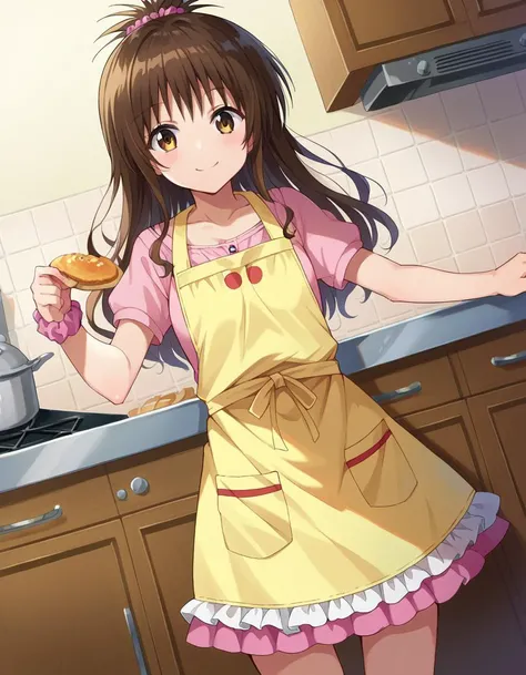 score_9, score_8_up, score_7_up, source_anime,
mikanyuuki, <lora:mikan-yuuki-ponyxl-lora-nochekaiser:1>,
mikan yuuki, brown eyes, brown hair, hair ornament, hair scrunchie, long hair, pink scrunchie, scrunchie, smile,
apron, blouse, collarbone, layered skirt, pink shirt, shirt, short sleeves, skirt, yellow apron,
indoors, kitchen, food,
looking at viewer, cowboy shot, dutch angle, dynamic pose,