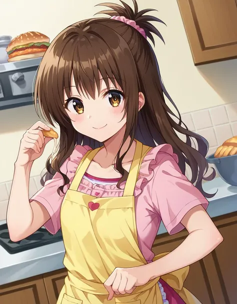 score_9, score_8_up, score_7_up, source_anime,
mikanyuuki, <lora:mikan-yuuki-ponyxl-lora-nochekaiser:1>,
mikan yuuki, brown eyes, brown hair, hair ornament, hair scrunchie, long hair, pink scrunchie, scrunchie, smile,
apron, blouse, collarbone, layered skirt, pink shirt, shirt, short sleeves, skirt, yellow apron,
indoors, kitchen, food,
looking at viewer, cowboy shot, dutch angle, dynamic pose,