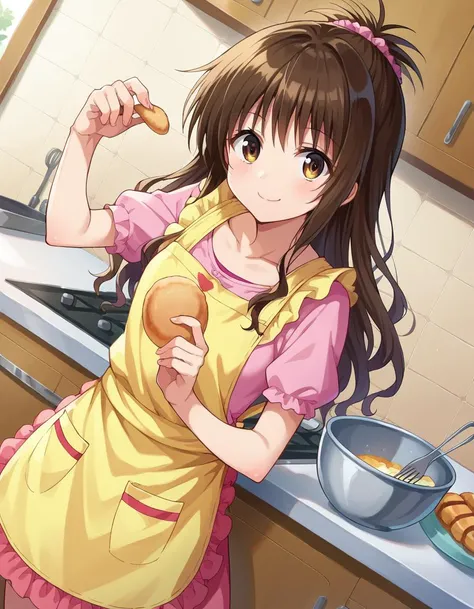 score_9, score_8_up, score_7_up, source_anime,
mikanyuuki, <lora:mikan-yuuki-ponyxl-lora-nochekaiser:1>,
mikan yuuki, brown eyes, brown hair, hair ornament, hair scrunchie, long hair, pink scrunchie, scrunchie, smile,
apron, blouse, collarbone, layered skirt, pink shirt, shirt, short sleeves, skirt, yellow apron,
indoors, kitchen, food,
looking at viewer, cowboy shot, dutch angle, dynamic pose,