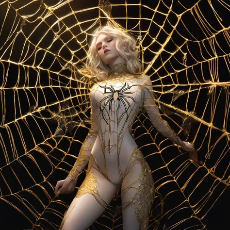raw photo, stunningly beautiful, young pale skinny white girl, (((photo of tinam1))), tiny breasts, (Black background), black and gold hair, (spider and webs), webs integrating into hair, (full body cover), choker, hyperdetailed photo, luminism, Bar lighting, complex, 4k resolution concept art portrait by Greg Rutkowski, Artgerm, WLOP, Alphonse Mucha, little fusion pojatti realistic goth, fractal isometrics details bioluminescens : a stunning realistic photograph 30 years, (((sexy spider pose))), kkw-ph1, gothic makeup, direct lighting on face