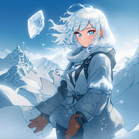 1girl, mountain summit, wind-tousled silver hair, eyes reflecting snow peaks, alpine attire, flurries around, holding ice crystal, masterpiece, best quality, highlighted on ArtStation