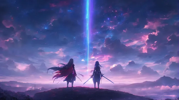 masterpiece, best quality, light particle, depth of field, , field, scenery, fantasy, , red light, blue light, far away, no humans, pastel colors, chromatic aberration abuse, dark, cloudy sky, space, blue aura, aura, cinematic, dark atmosphere, day, dark hole, glowing eyes, purple light, illumination, cliff, sword,