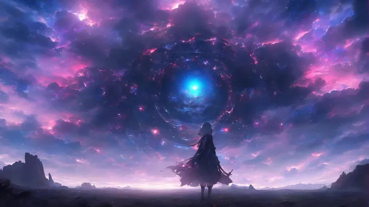 masterpiece, best quality, light particle, depth of field, , field, scenery, fantasy, , red light, blue light, far away, no humans, pastel colors, chromatic aberration abuse, dark, cloudy sky, space, blue aura, aura, cinematic, dark atmosphere, day, dark hole, glowing eyes, purple light, illumination, cliff, sword, floating object, monster, eye in the sky,