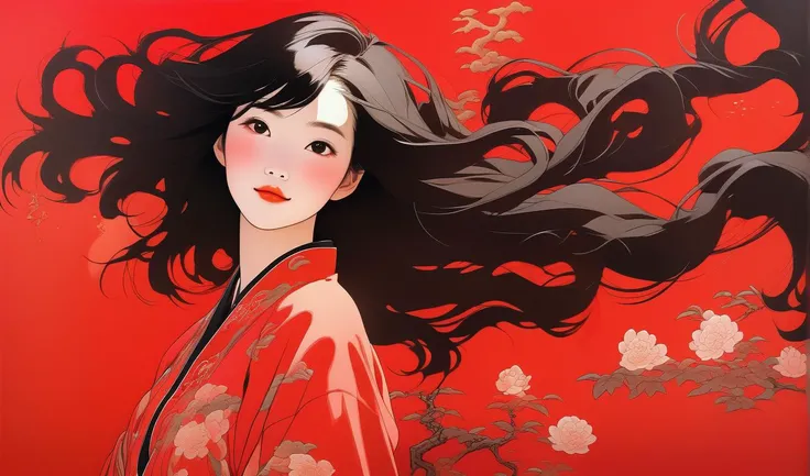pretty chinese woman, fullbody, pure red background, black hair, floating hair, blush, looking at viewer