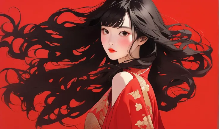 pretty chinese woman, fullbody, pure red background, black hair, floating hair, blush, looking at viewer