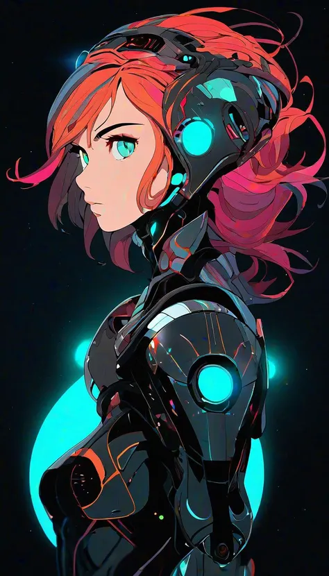 masterpiece, best quality, 1girl, solo, futuristic, intricate, over the shoulder, looking at viewer, black background, simple background, glow in the dark, sci-fi, multicolored hair, aqua eyes, warrior