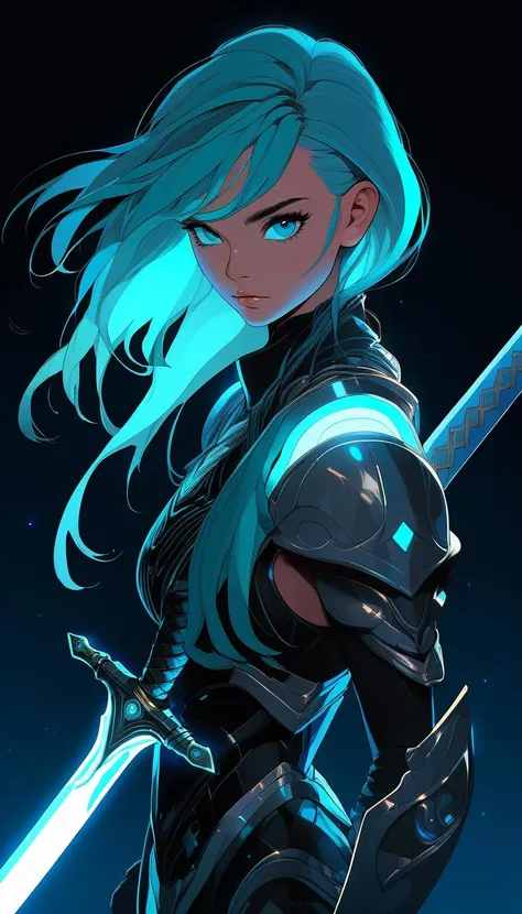 sword focus, masterpiece, best quality, 1girl, solo, futuristic, holding sword, intricate, over the shoulder, looking at viewer, black background, simple background, glow in the dark, sci-fi, multicolored hair, aqua eyes, warrior