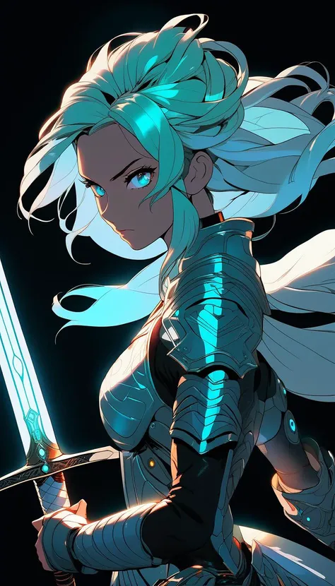 sword focus, masterpiece, best quality, 1girl, solo, futuristic, holding sword, intricate, over the shoulder, looking at viewer, black background, simple background, glow in the dark, sci-fi, multicolored hair, aqua eyes, warrior
