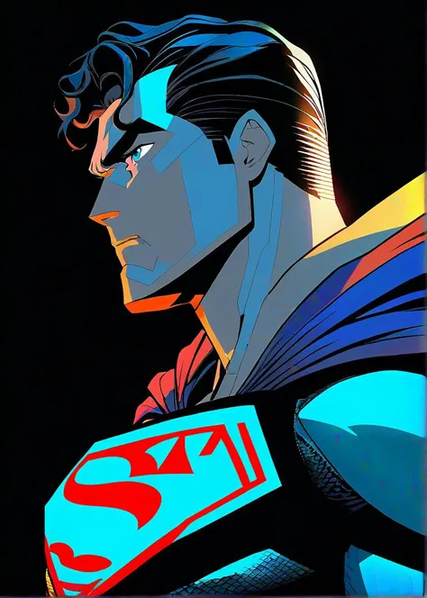 masterpiece, best quality, superman, solo, futuristic, intricate, over the shoulder, looking at viewer, black background, simple background, glow in the dark, sci-fi, multicolored hair, aqua eyes, warrior