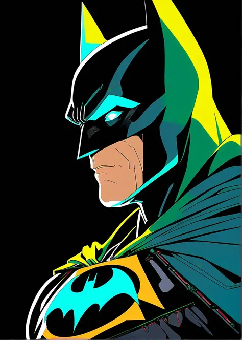 masterpiece, best quality, batman, solo, futuristic, intricate, over the shoulder, looking at viewer, black background, simple background, glow in the dark, sci-fi, multicolored hair, aqua eyes, warrior