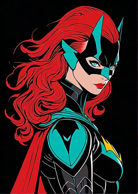 masterpiece, best quality, batwoman, solo, futuristic, intricate, over the shoulder, looking at viewer, black background, simple background, glow in the dark, sci-fi, multicolored hair, aqua eyes, warrior