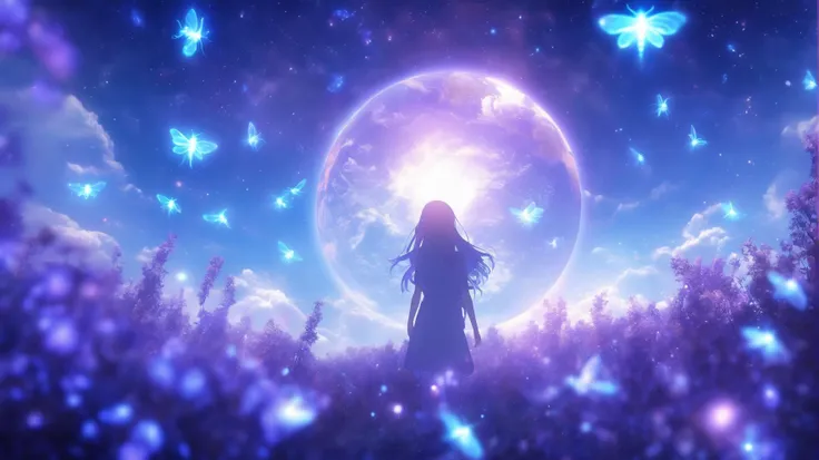 masterpiece, best quality, light particle, depth of field, fantasy, scenery, far away, no humans, blue light, pastel colors, chromatic aberration abuse, blue aura, aura, cinematic, atmosphere, purple light, illumination, (lens flare abuse:0.7), (earth:1.2) , fireflies, , (earth \(planet\):1.2), blue sky