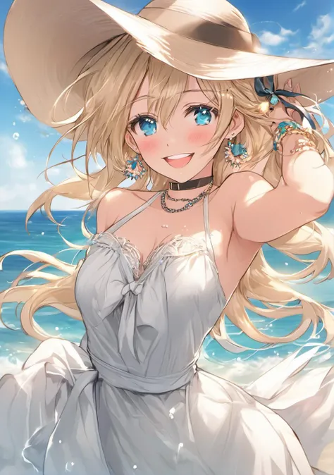 1girl, :d, aqua eyes, bangs, bare shoulders, beach, blush, bracelet, breasts, blonde hair, choker, cleavage, collarbone, dress, earrings, eyebrows visible through hair, hat, jewelry, long hair, looking at viewer, large breasts, , ocean, off-shoulder dress, off shoulder, open mouth, outdoors, ribbon, smile, solo, sun hat, water, white dress, white headwear