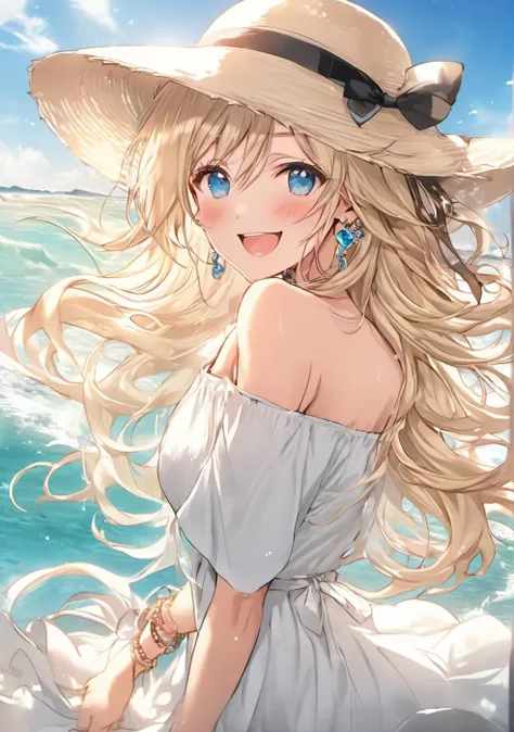 1girl, :d, aqua eyes, bangs, bare shoulders, beach, blush, bracelet, breasts, blonde hair, choker, cleavage, collarbone, dress, earrings, eyebrows visible through hair, hat, jewelry, long hair, looking at viewer, large breasts, , ocean, off-shoulder dress, off shoulder, open mouth, outdoors, ribbon, smile, solo, sun hat, water, white dress, white headwear